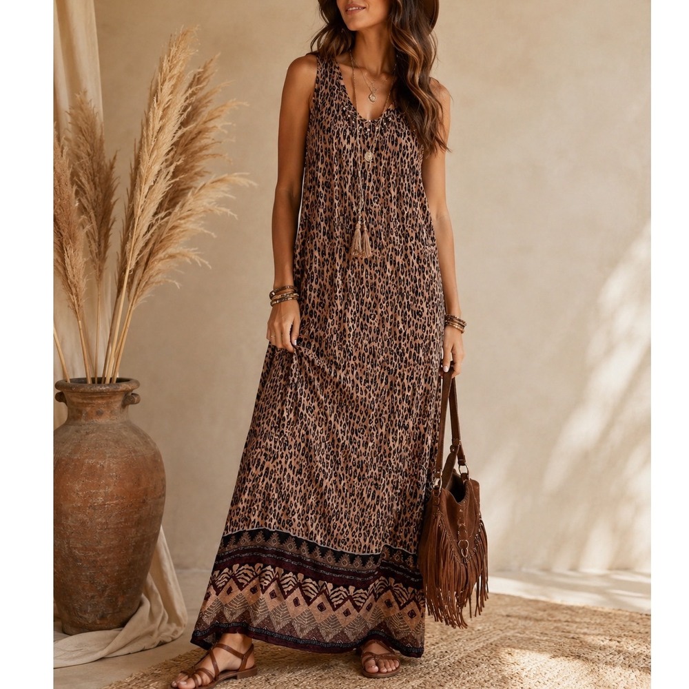 Nina Piccalino Vintage Leopard Print Beaded Maxi Dress Tan Brown Size 12 m3